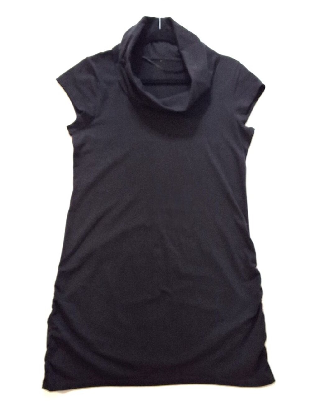 Oversized Funnel Neck Cap Sleeve Black T Shirt Dress Size M Ruched at Side Seams
